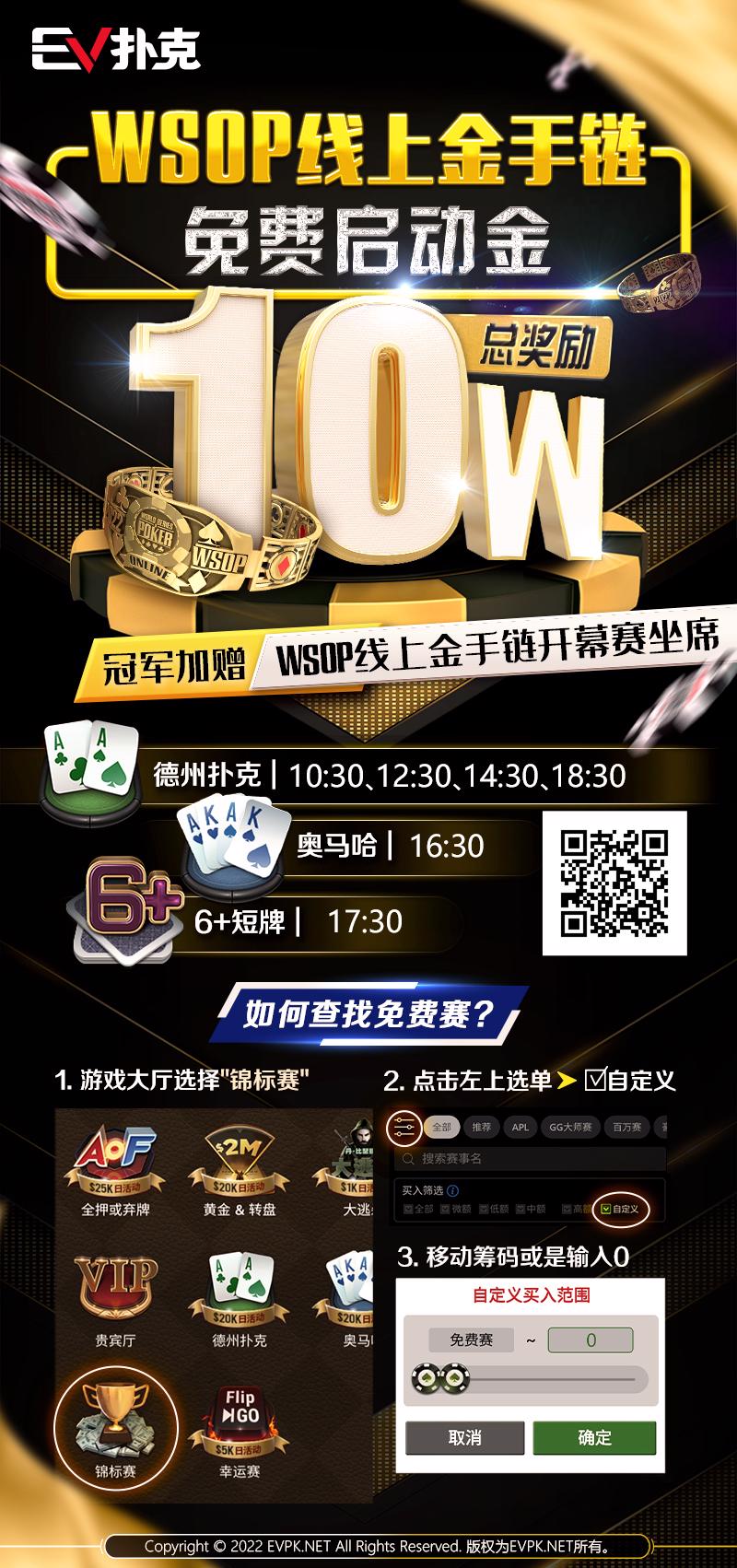 【EV扑克】WSOP豪客赛国人Zhewen Hu挺进FT！百Ｗ级别幸运赛到来，精彩连连！