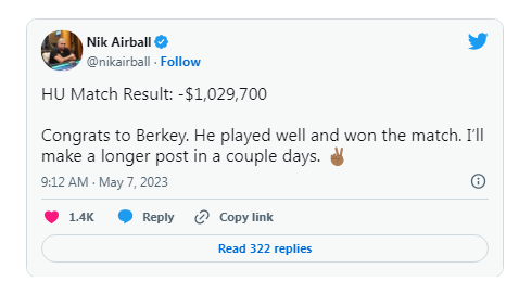 【EV扑克】话题 | Matt Berkey用了不到60个小时就轻取Nik Airball，获得了100万美元。【EV扑克官网】