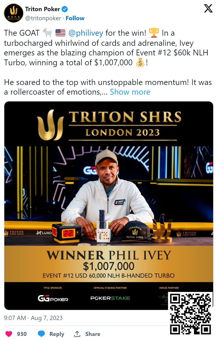 【EV撲克】Phil Ivey巩固最强王者地位，赢得Triton Poker伦敦站$60K NL Turbo冠军