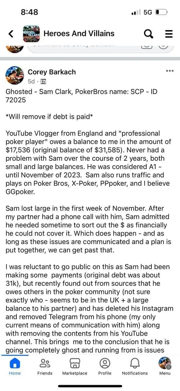 【EV扑克】扑克牌手Sam Clark涉嫌诈骗扑克应用程序俱乐部所有者