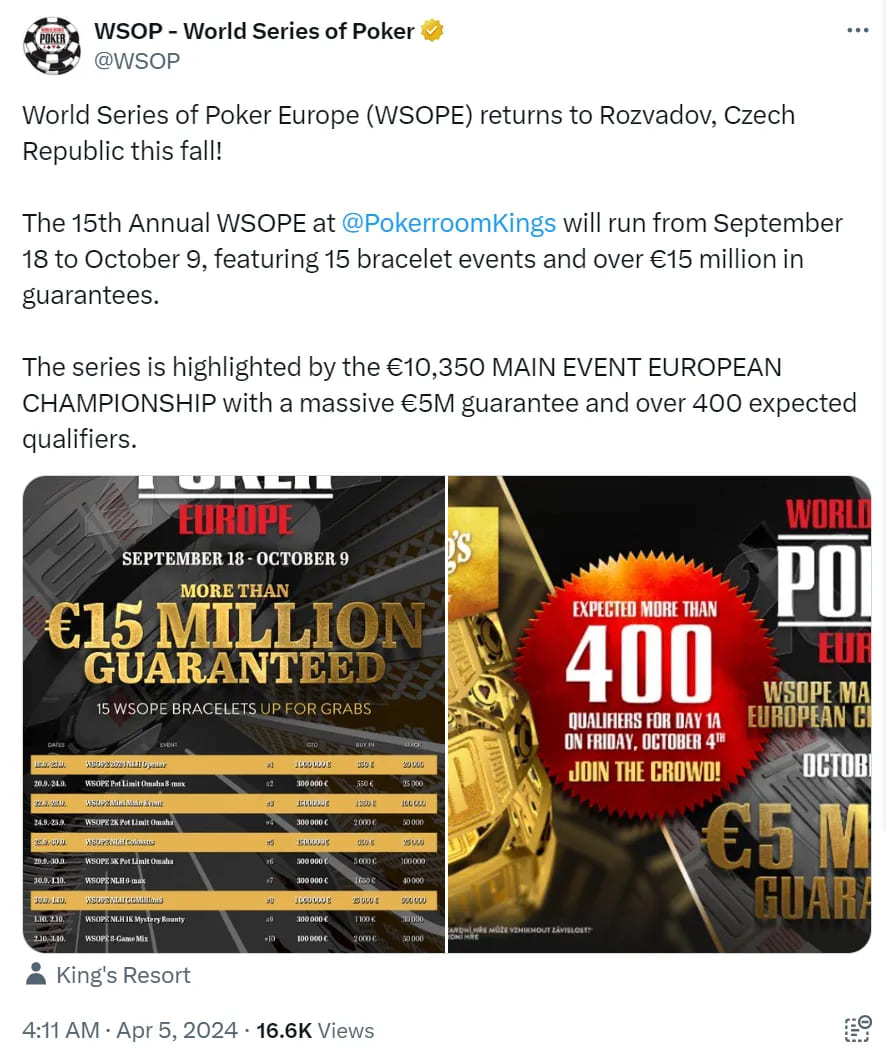 【EV扑克】2024年WSOP欧洲站赛程公布