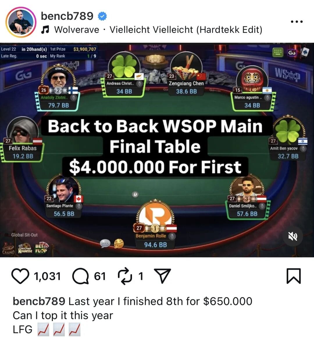 【EV扑克】WSOP线上主赛事|国人陈曾翔第9名,线上传奇Bencb789勇夺390W刀金手链冠军!